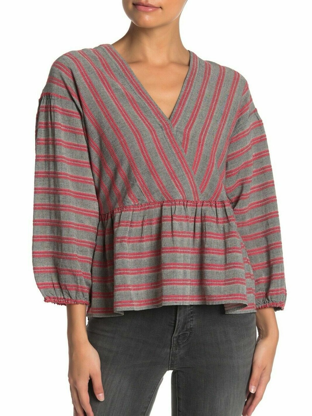 Madewell red and gray striped blouse with puffy sleeves, size XL